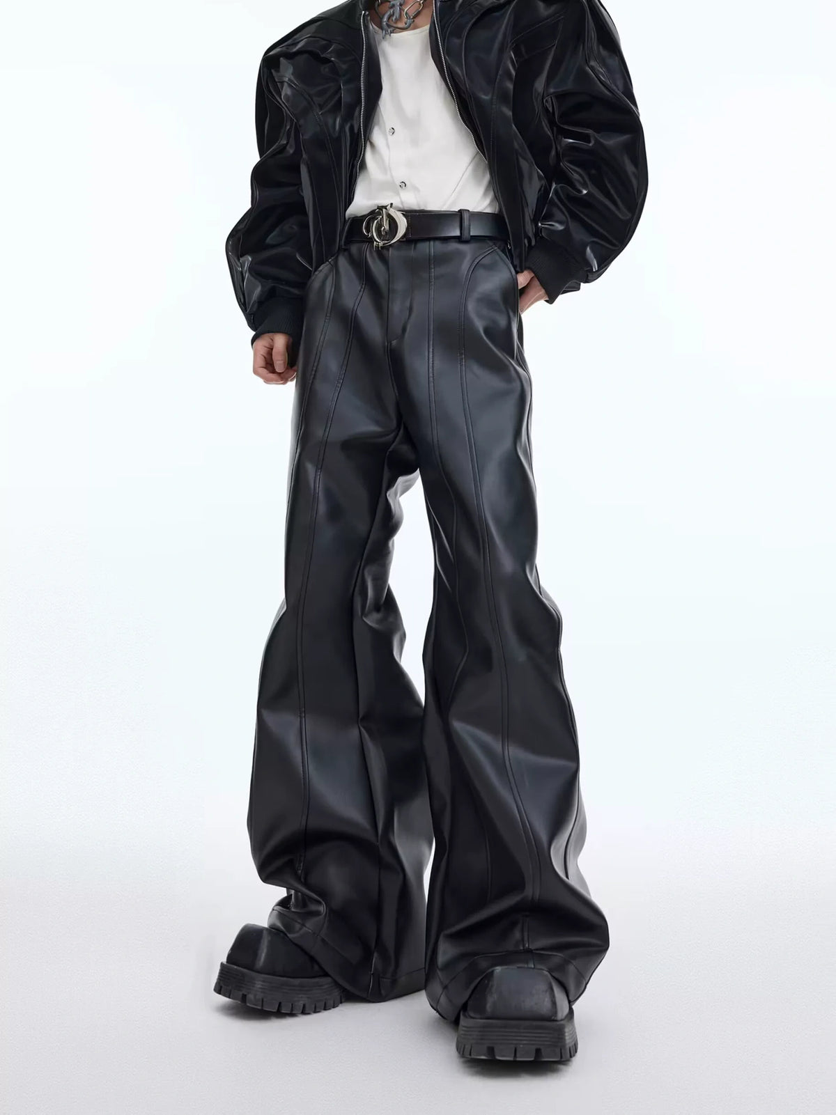 PU High-Waisted Deconstructed Slight-Flare Pants - Black