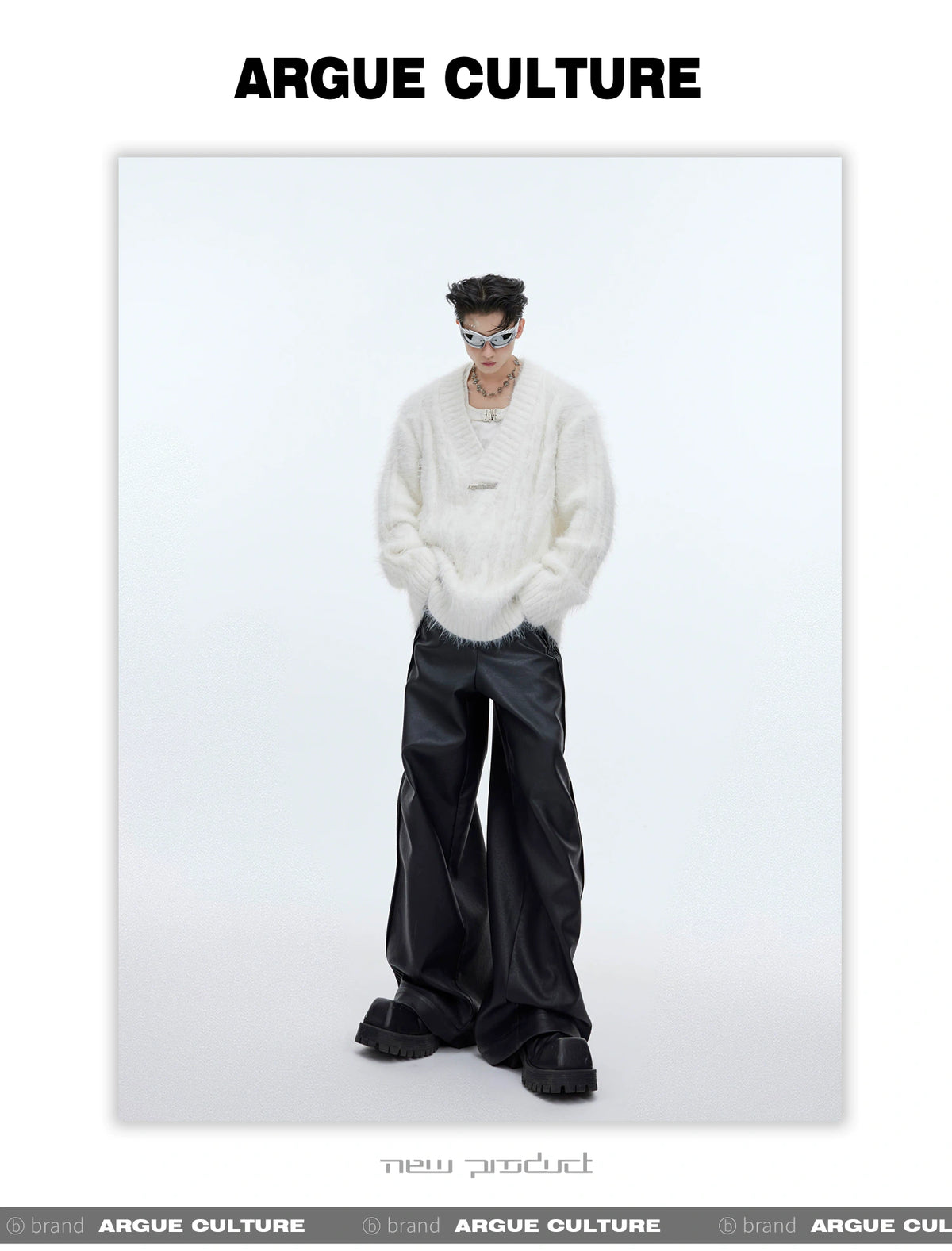 Relaxed V-Neck Knit Sweater in Cotton-Wool Blend - description image 3
