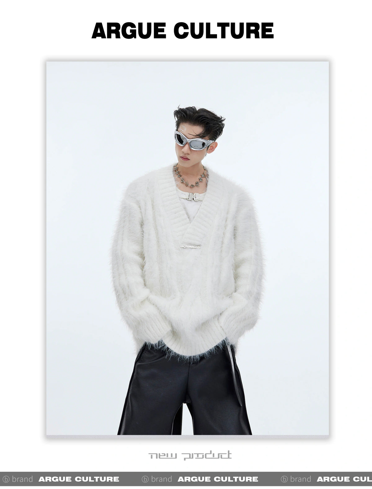 Relaxed V-Neck Knit Sweater in Cotton-Wool Blend - description image 8