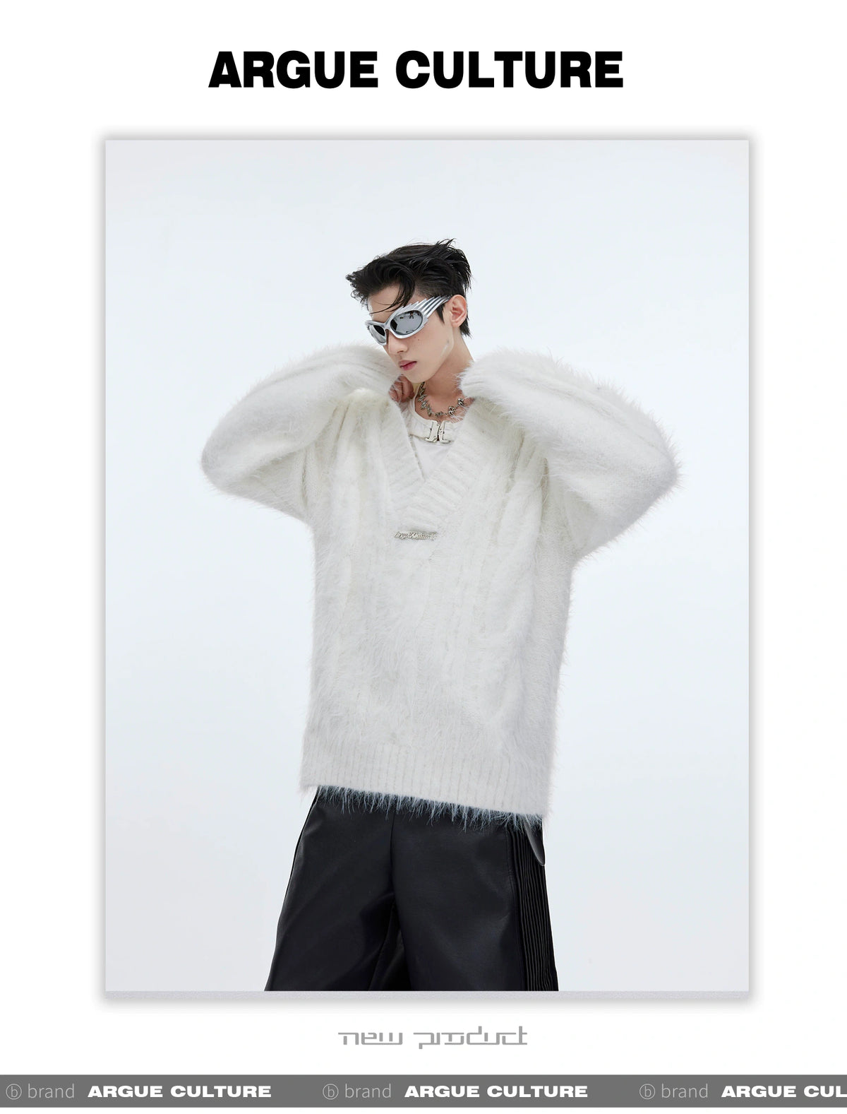 Relaxed V-Neck Knit Sweater in Cotton-Wool Blend - description image 9