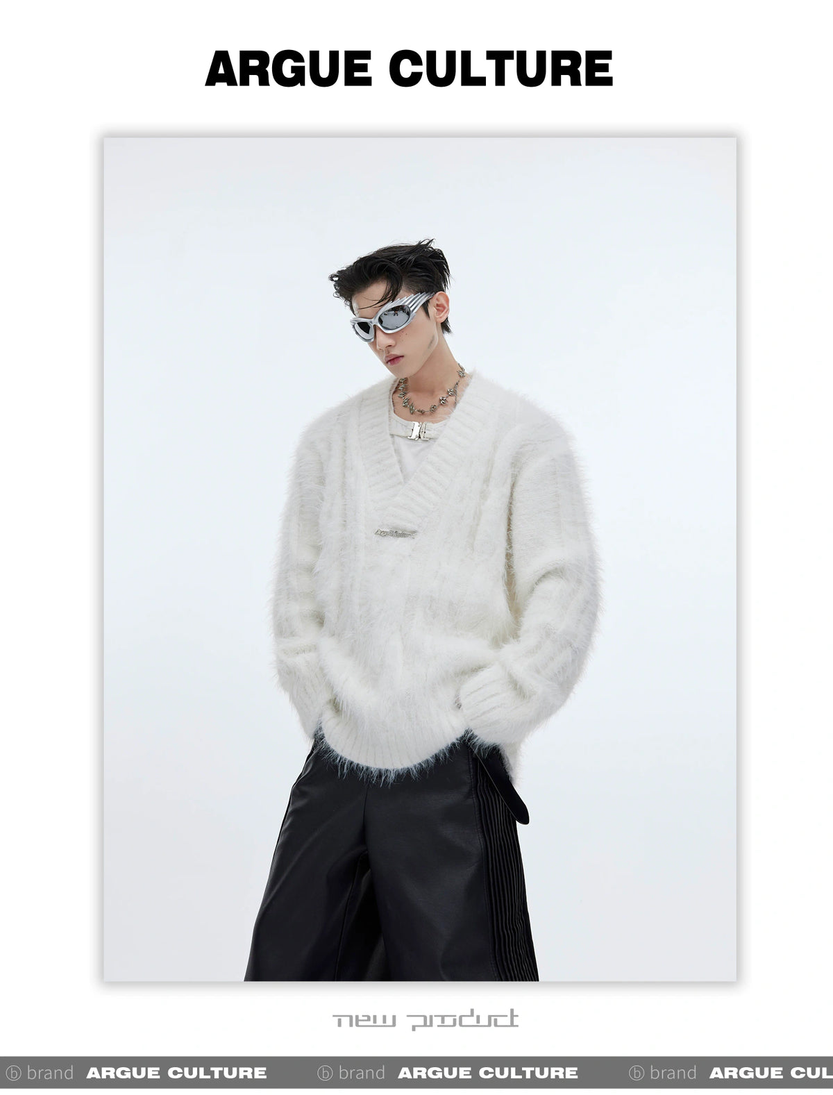 Relaxed V-Neck Knit Sweater in Cotton-Wool Blend - description image 11