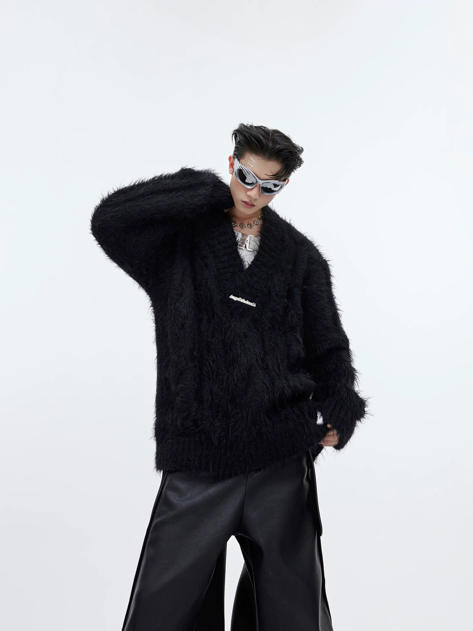 Relaxed V-Neck Knit Sweater in Cotton-Wool Blend - main image 2