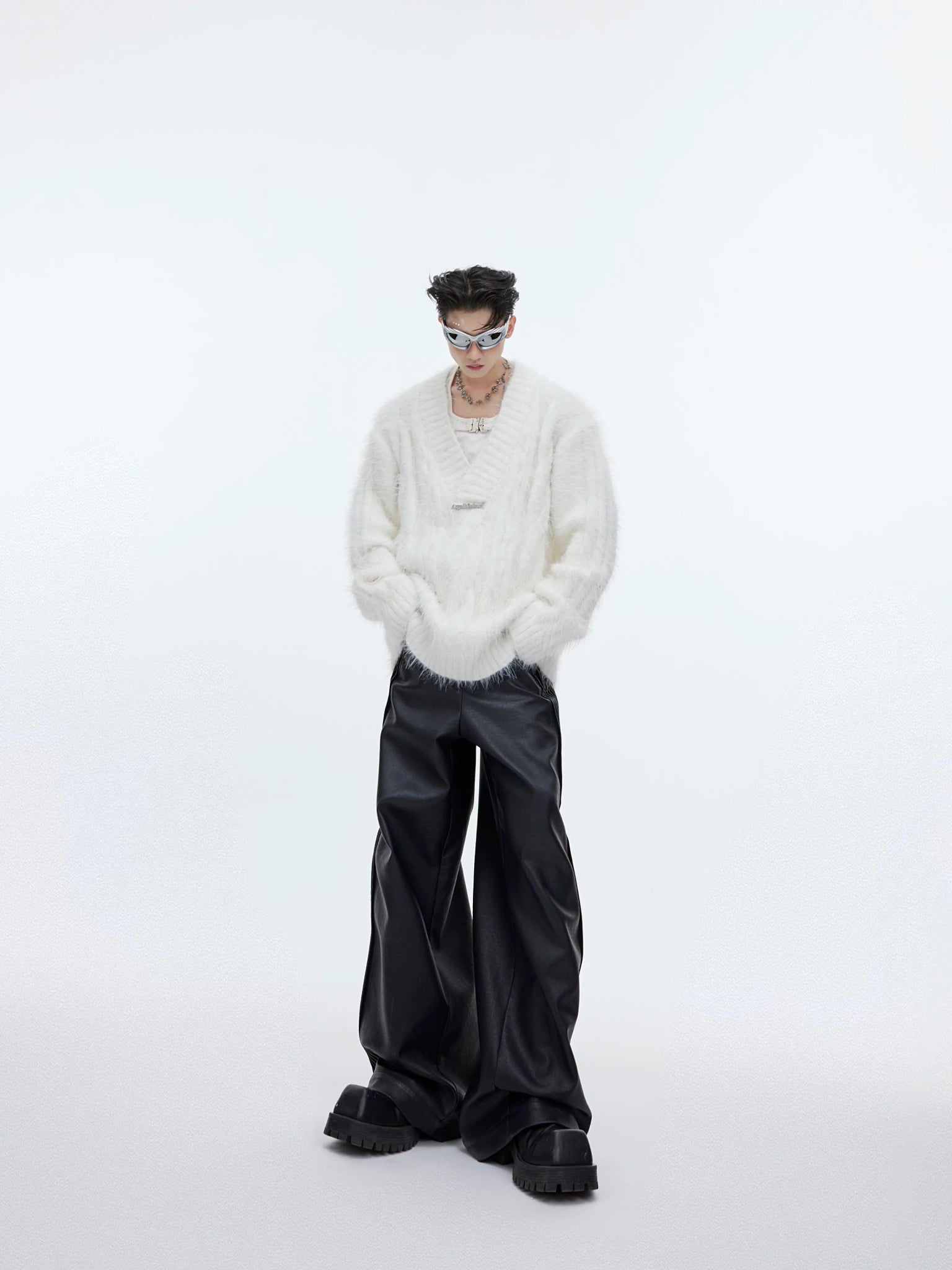 Relaxed V-Neck Knit Sweater in Cotton-Wool Blend - main image 3