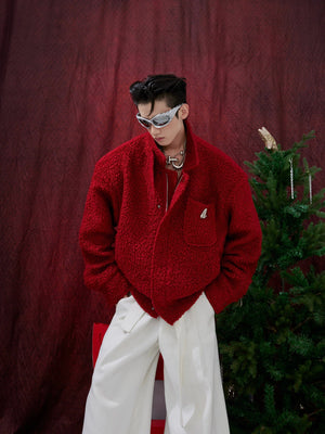 Textured Wool-Blend Cropped Jacket | Relaxed Fit - Red