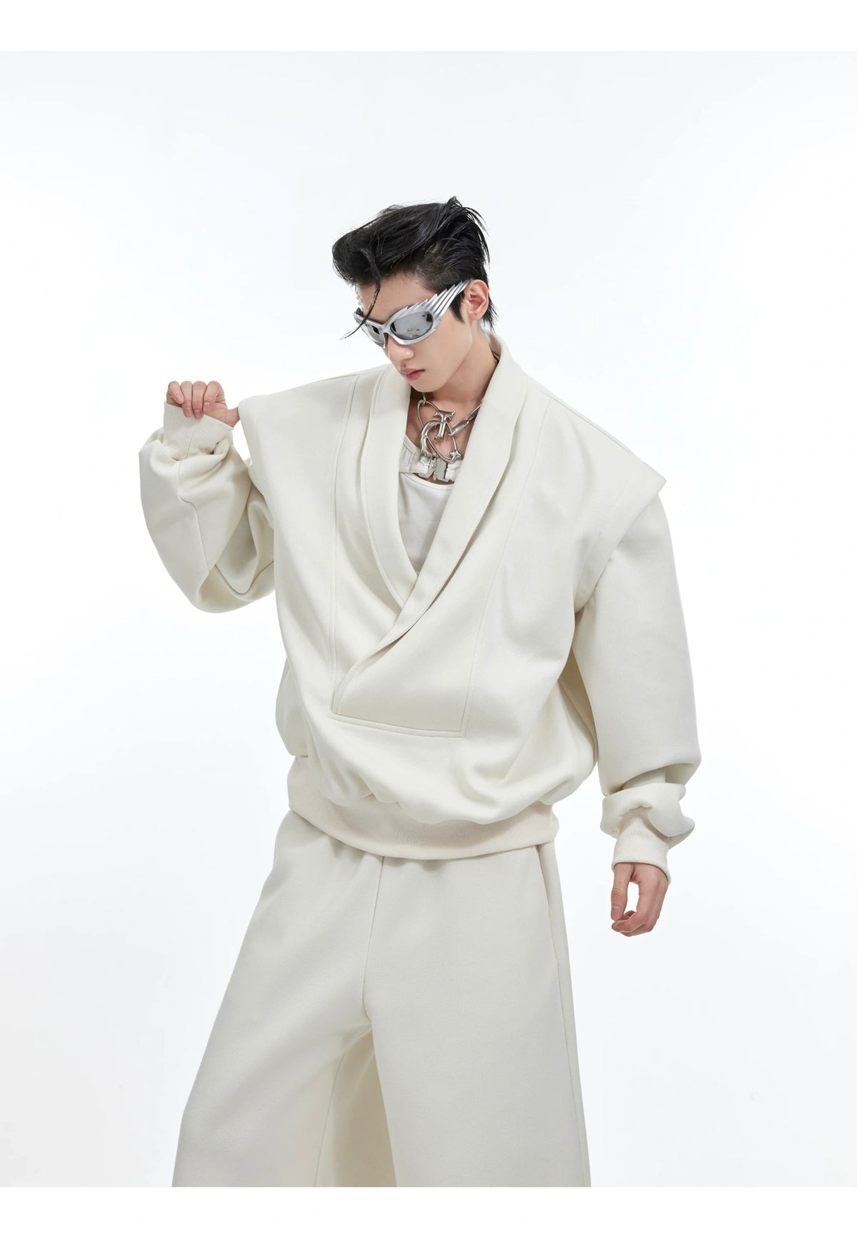 Deconstructed V-Neck Sweatshirt with Metal Accent - description image 6