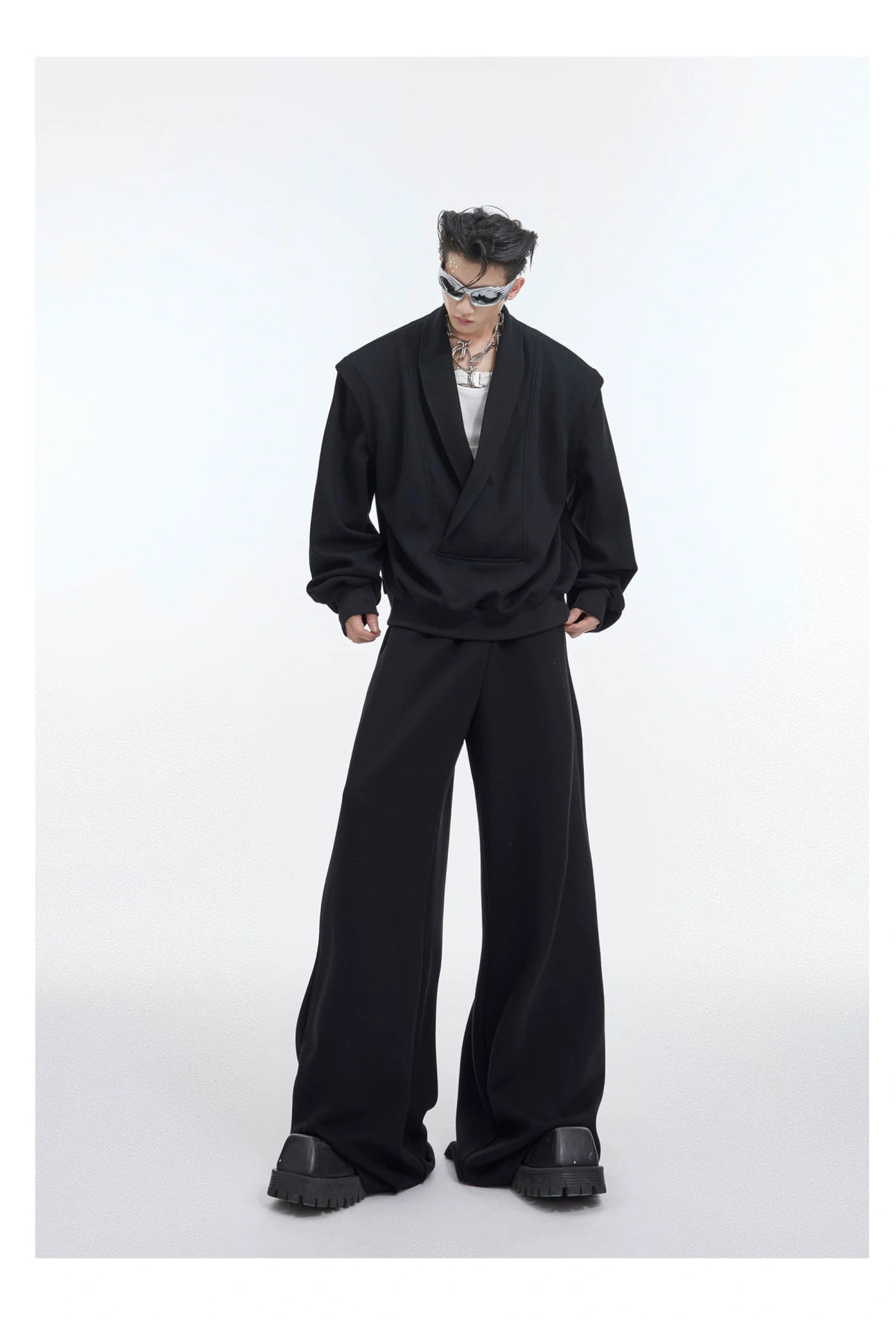 Deconstructed V-Neck Sweatshirt with Metal Accent - description image 7