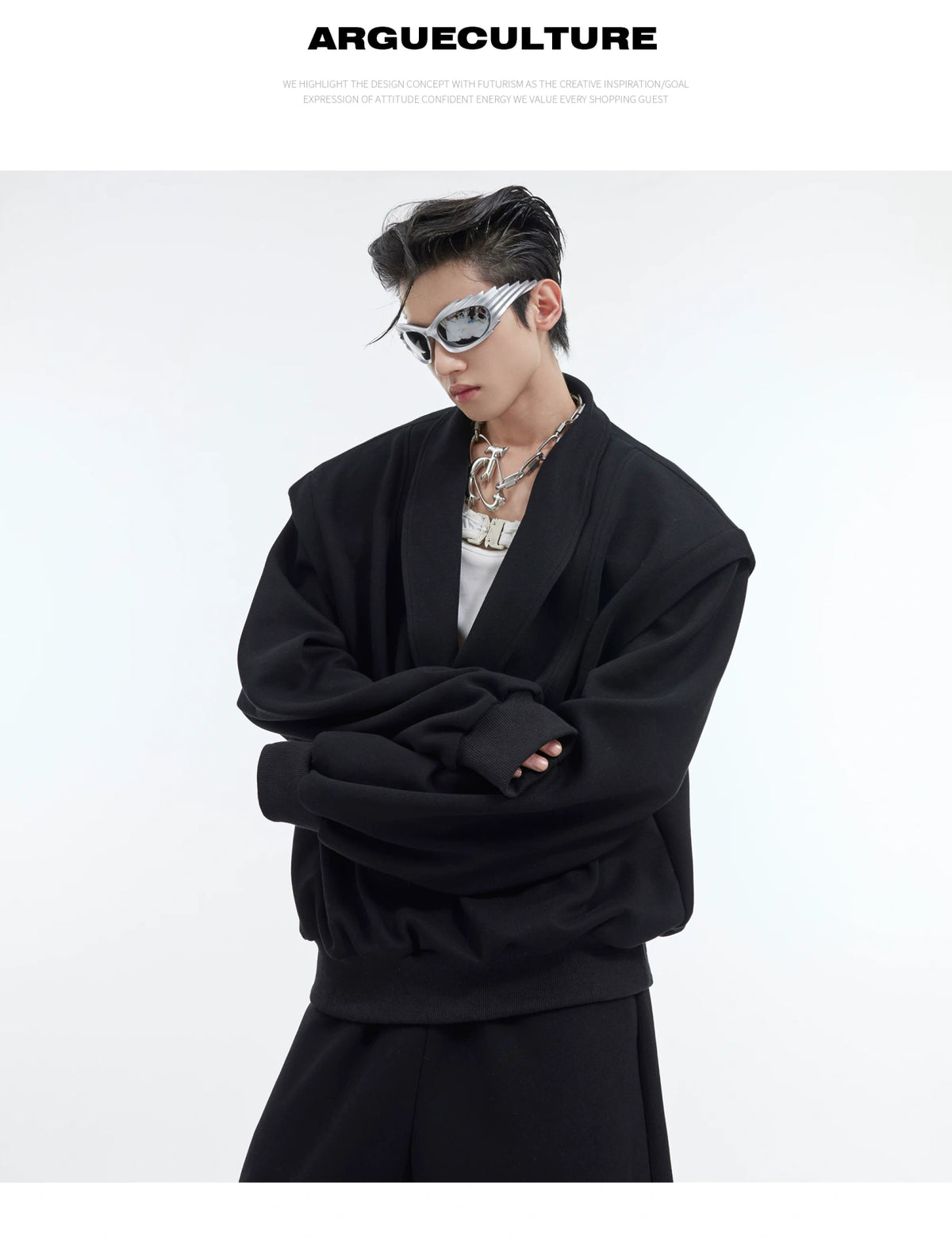 Deconstructed V-Neck Sweatshirt with Metal Accent - description image 10