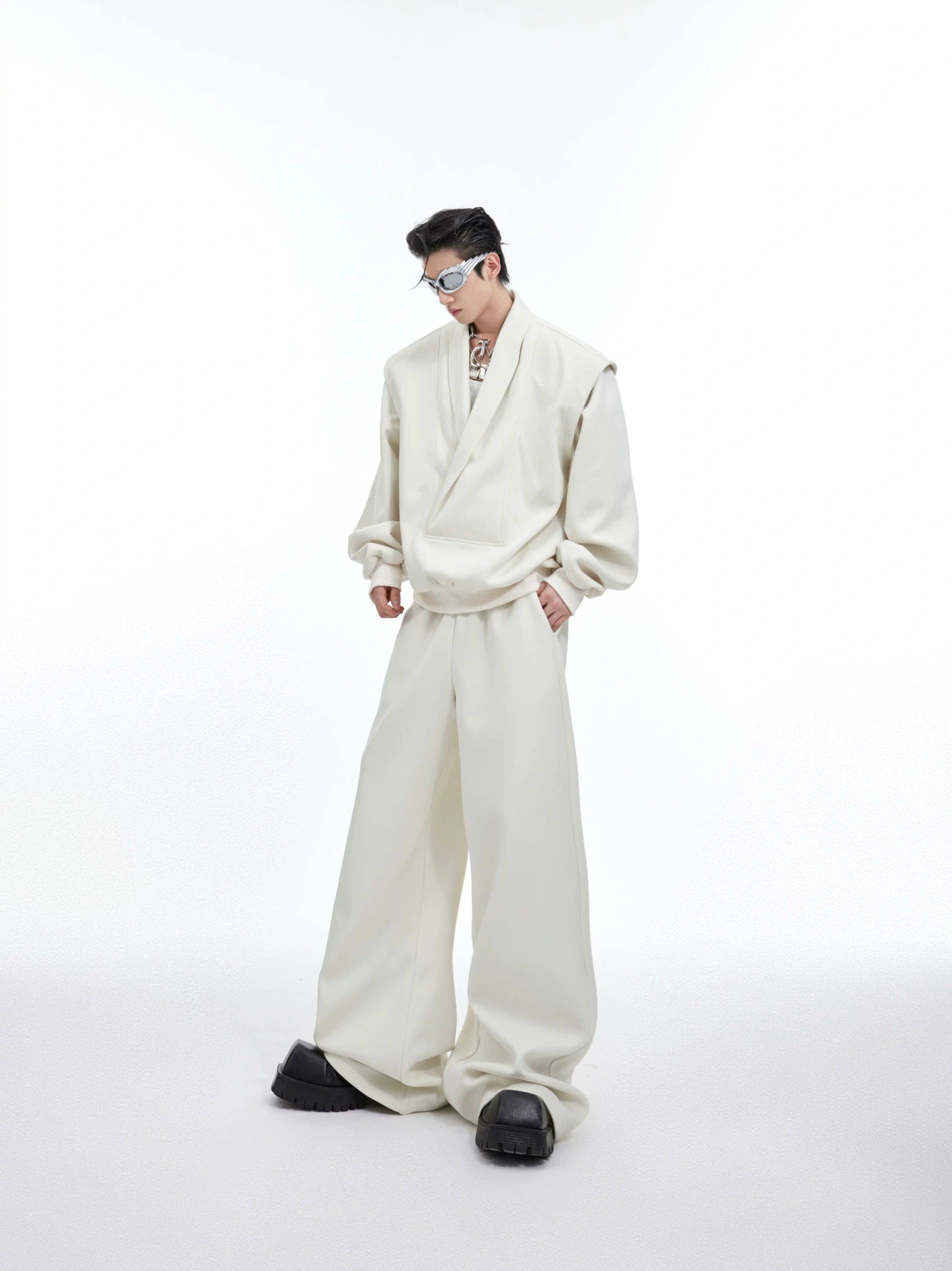 Deconstructed V-Neck Sweatshirt with Metal Accent - main image 5