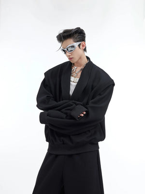 Deconstructed V-Neck Sweatshirt with Metal Accent - Black Top