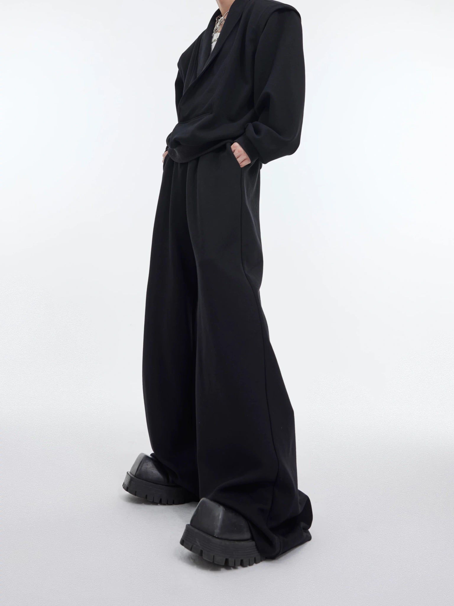 Deconstructed V-Neck Sweatshirt with Metal Accent - Black Pants
