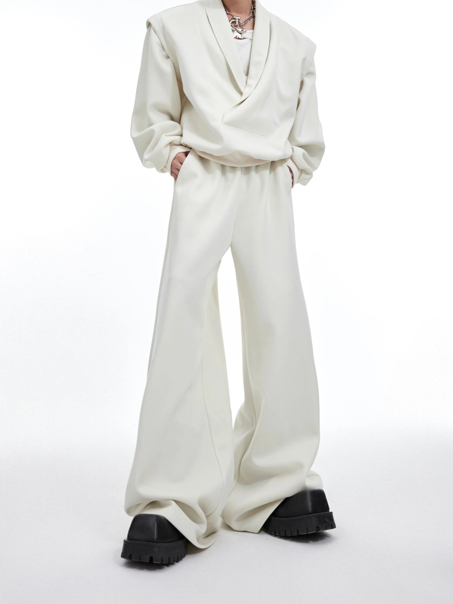 Deconstructed V-Neck Sweatshirt with Metal Accent - White Pants
