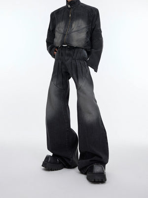 Deconstructed Washed Denim Jacket | Avant-Garde Style - Washed Black Pants