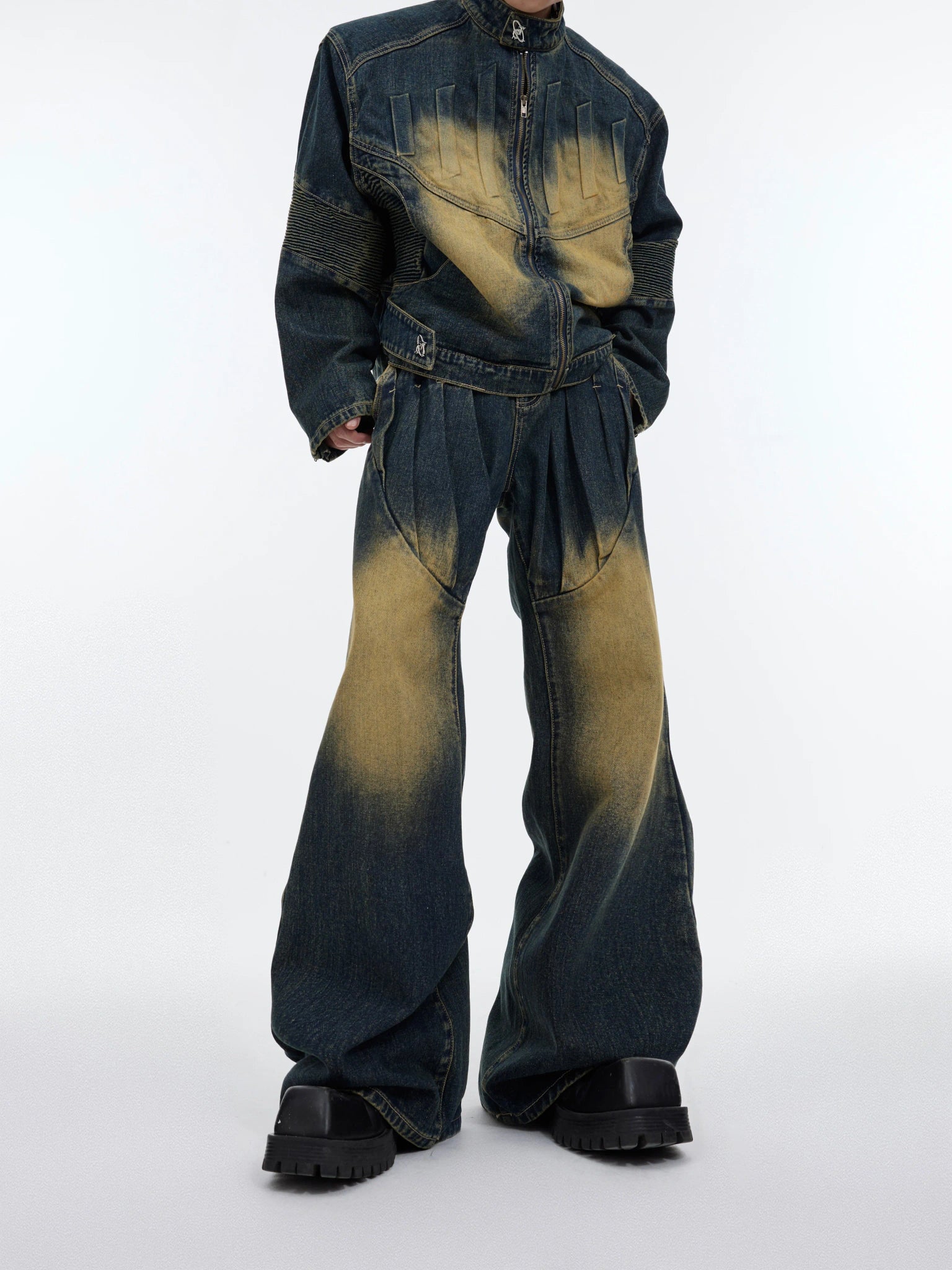 Deconstructed Washed Denim Jacket | Avant-Garde Style - Washed Blue Pants