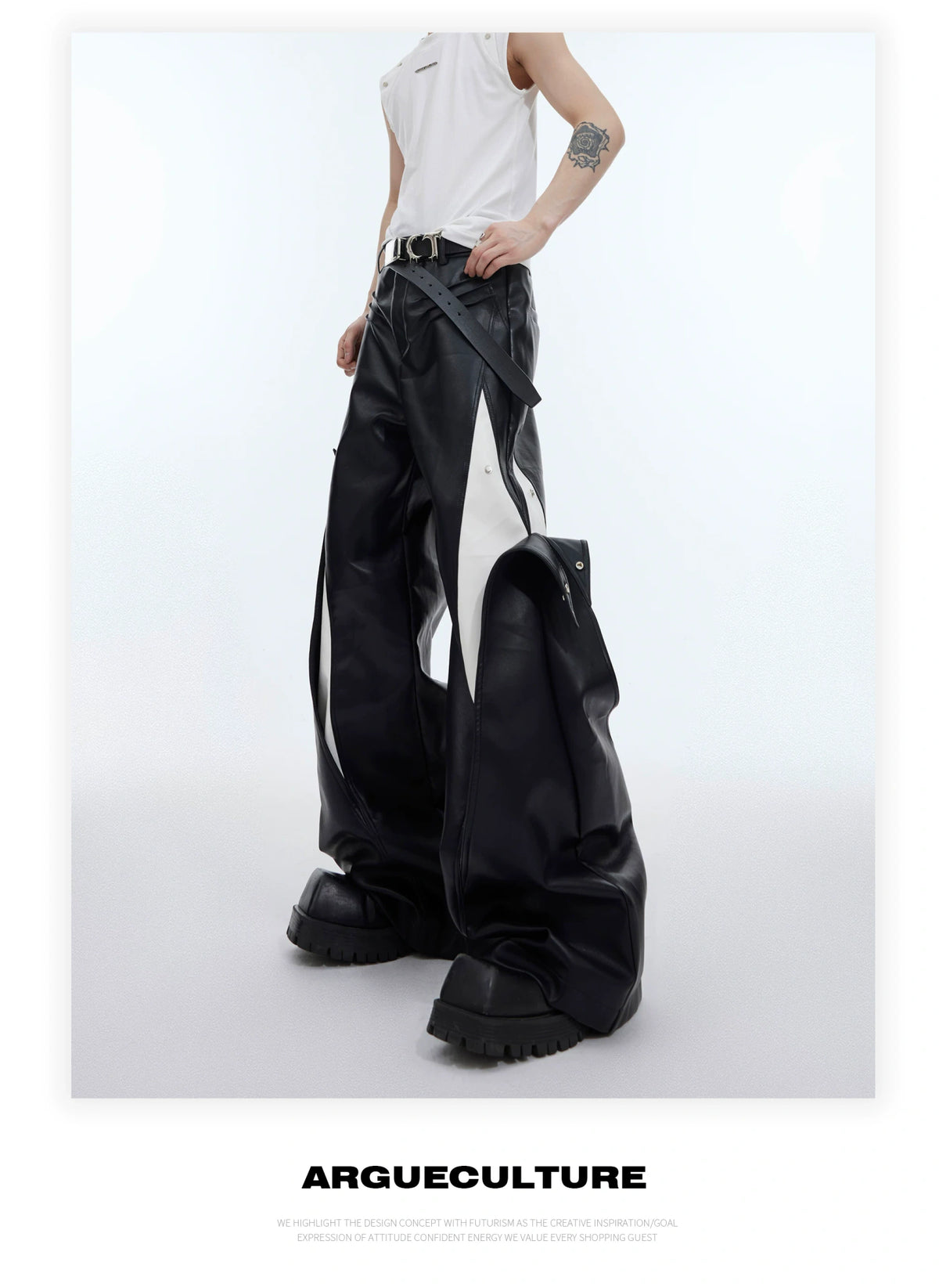 Deconstructed Black PU Wide-Leg Pants | Metal Detail - description image 3