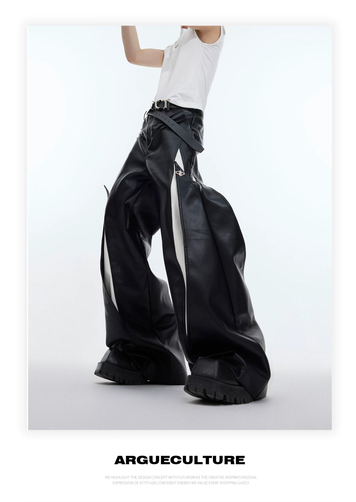 Deconstructed Black PU Wide-Leg Pants | Metal Detail - description image 4