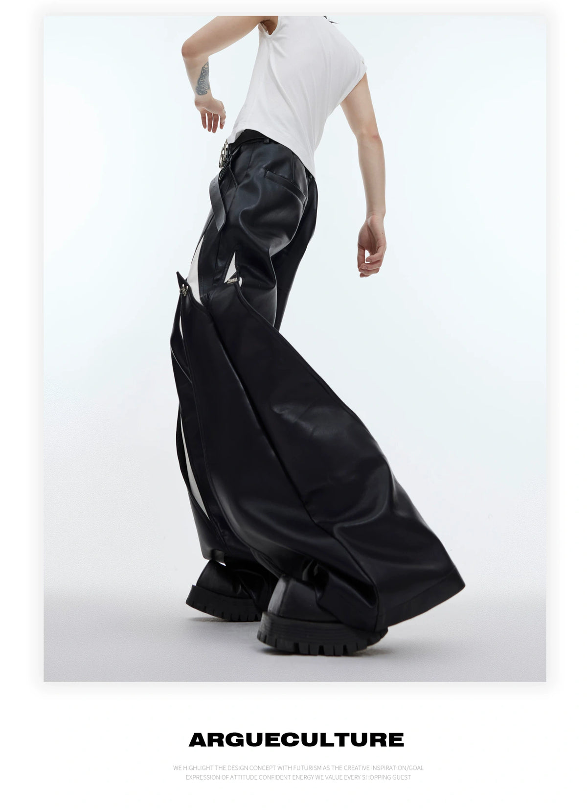 Deconstructed Black PU Wide-Leg Pants | Metal Detail - description image 5