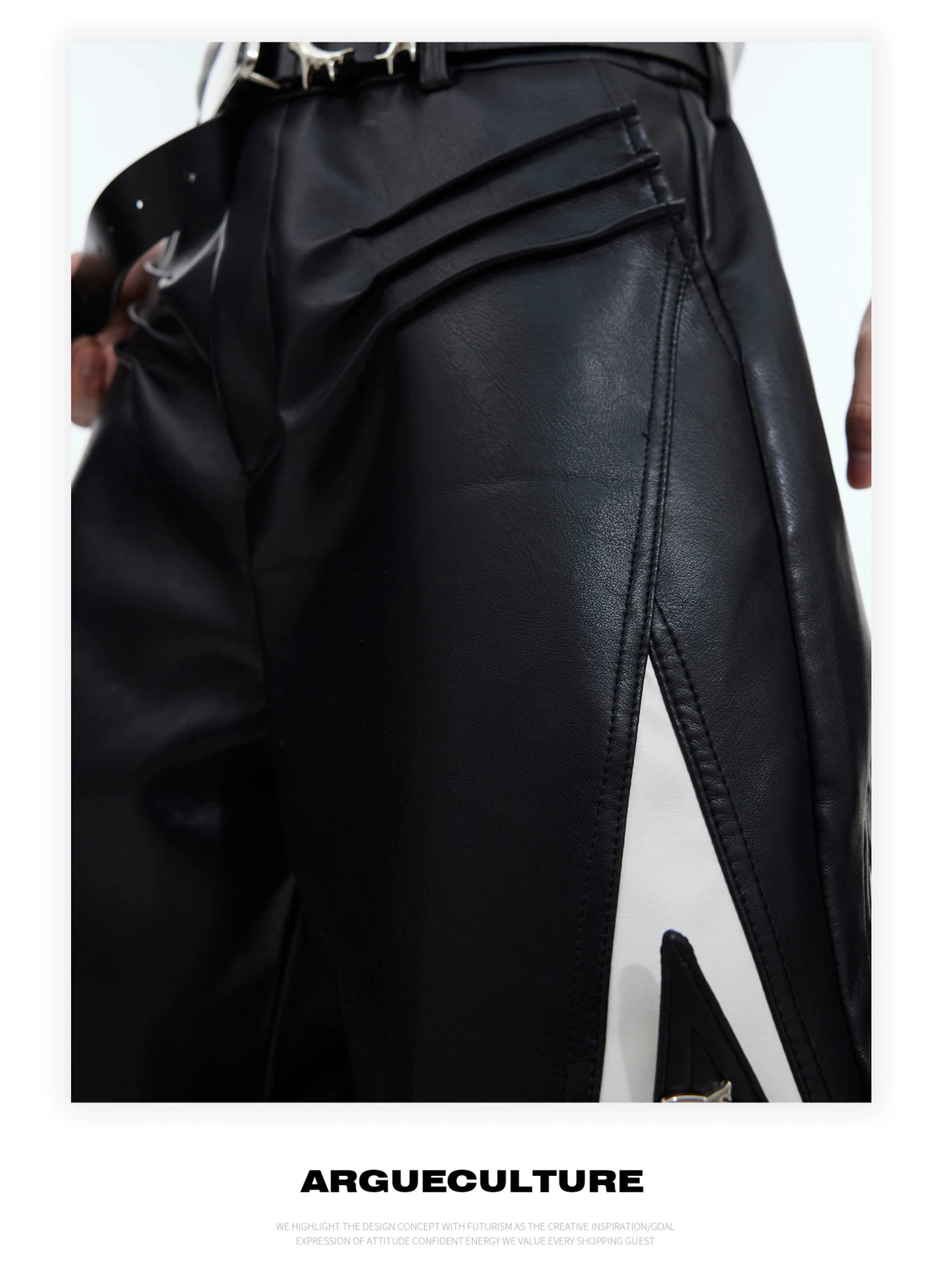 Deconstructed Black PU Wide-Leg Pants | Metal Detail - description image 6