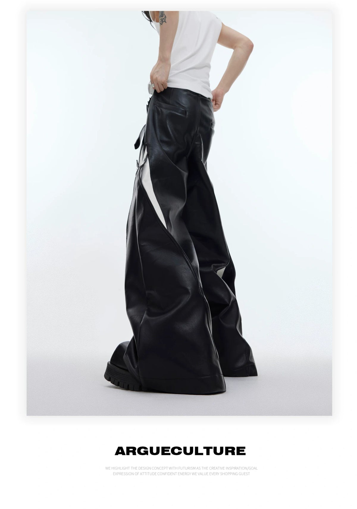 Deconstructed Black PU Wide-Leg Pants | Metal Detail - description image 7