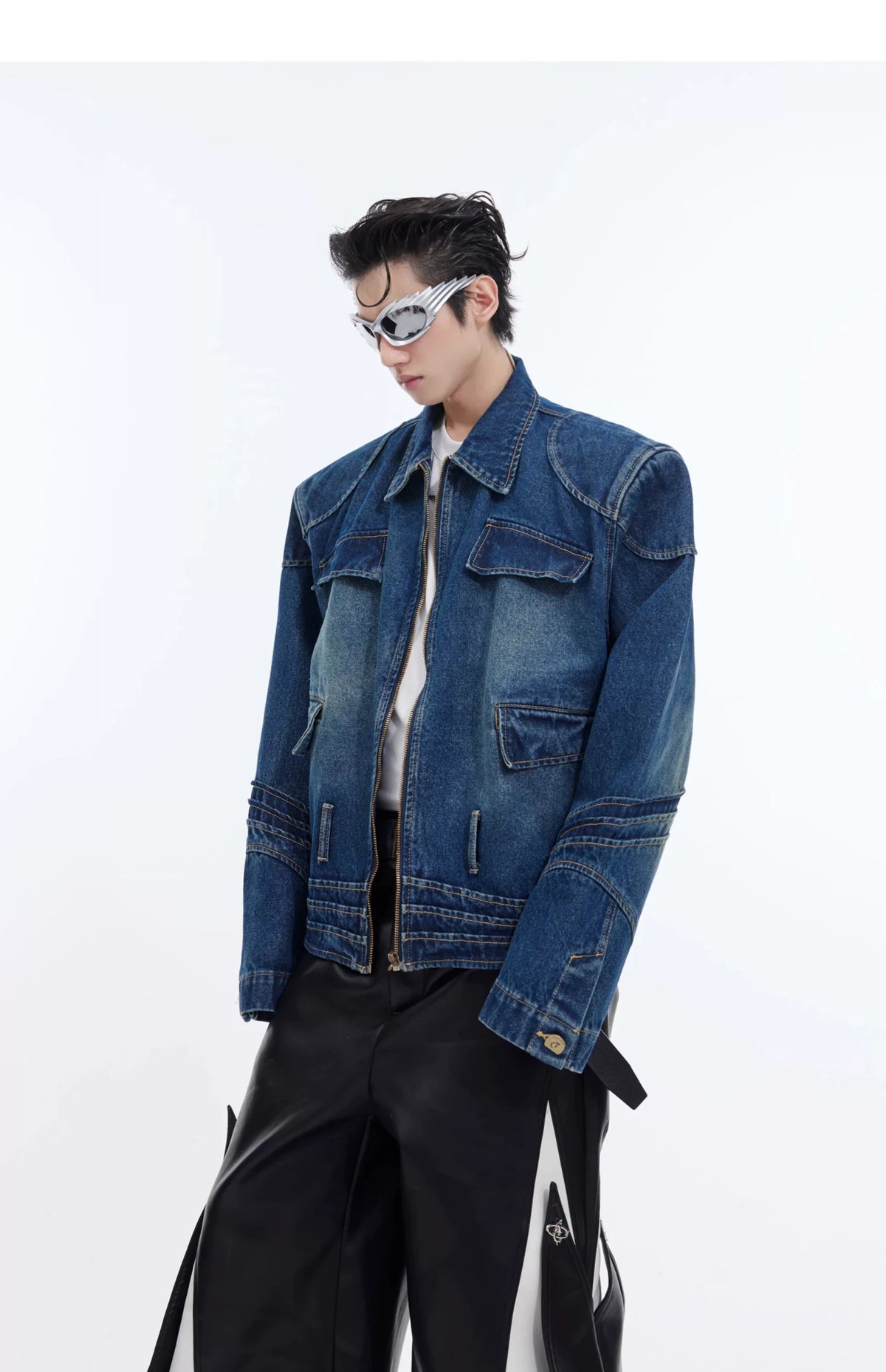 Oversized Deconstructed Washed Denim Jacket | Metal Trim - description image 3