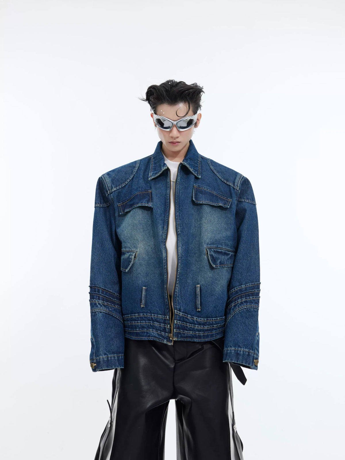 Oversized Deconstructed Washed Denim Jacket | Metal Trim - main image 1