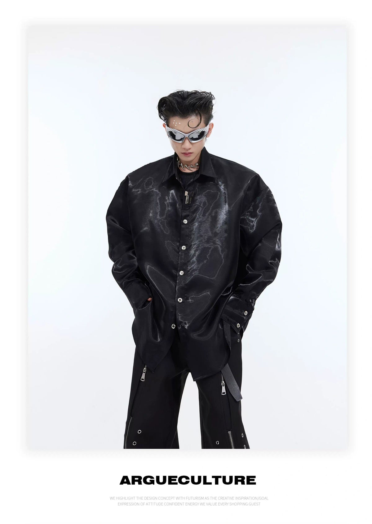 Liquid-Light Oversized Shoulder-Pad Shirt - description image 4