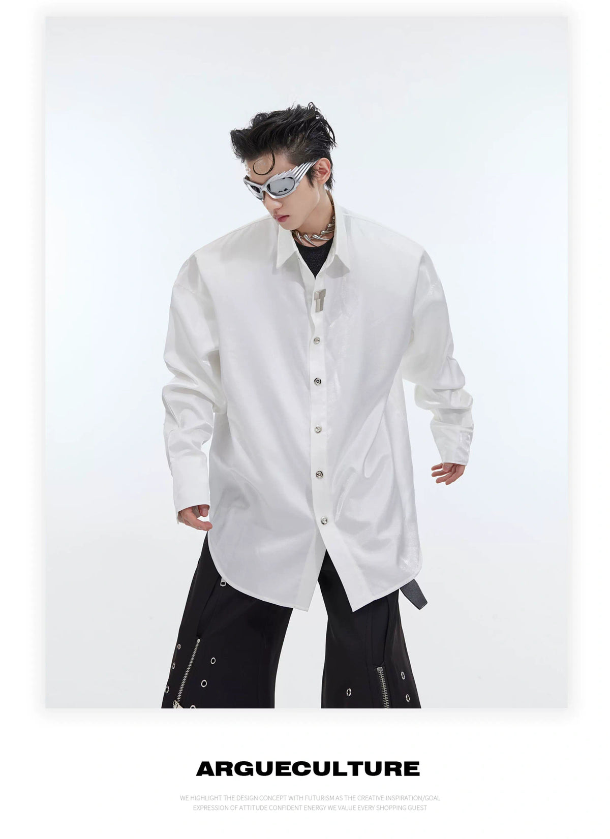 Liquid-Light Oversized Shoulder-Pad Shirt - description image 5