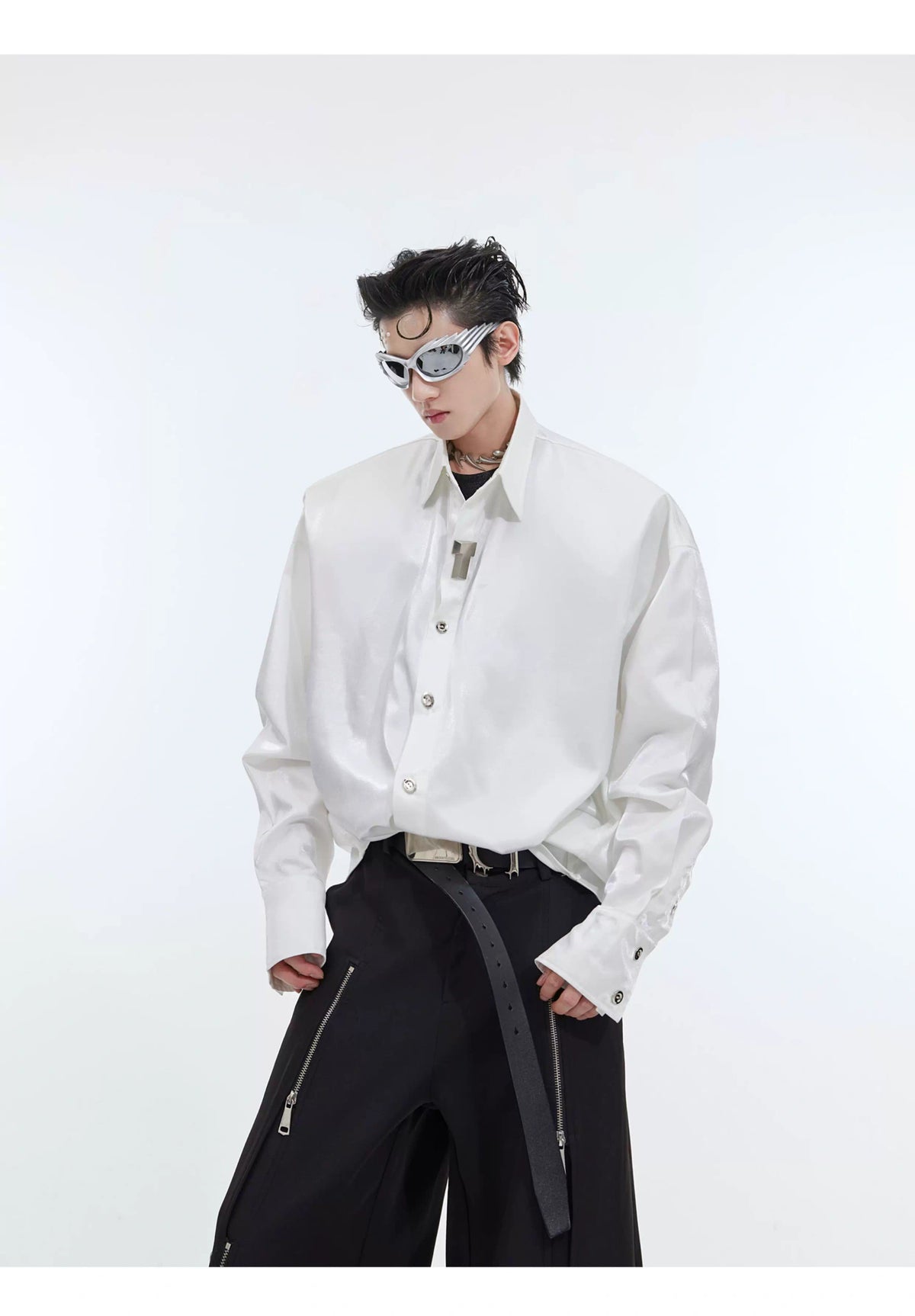 Liquid-Light Oversized Shoulder-Pad Shirt - description image 8