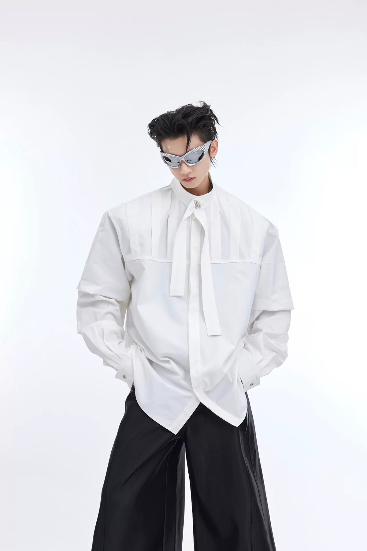 Pleated Ribbon Oversized Shirt | Avant-Garde Streetwear - White