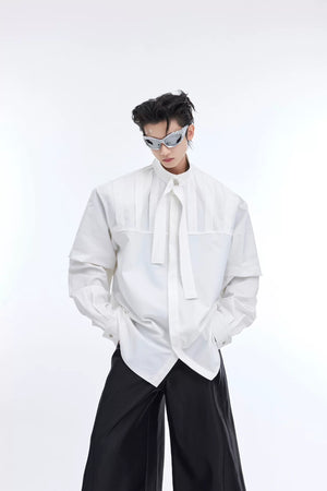Pleated Ribbon Oversized Shirt | Avant-Garde Streetwear - White