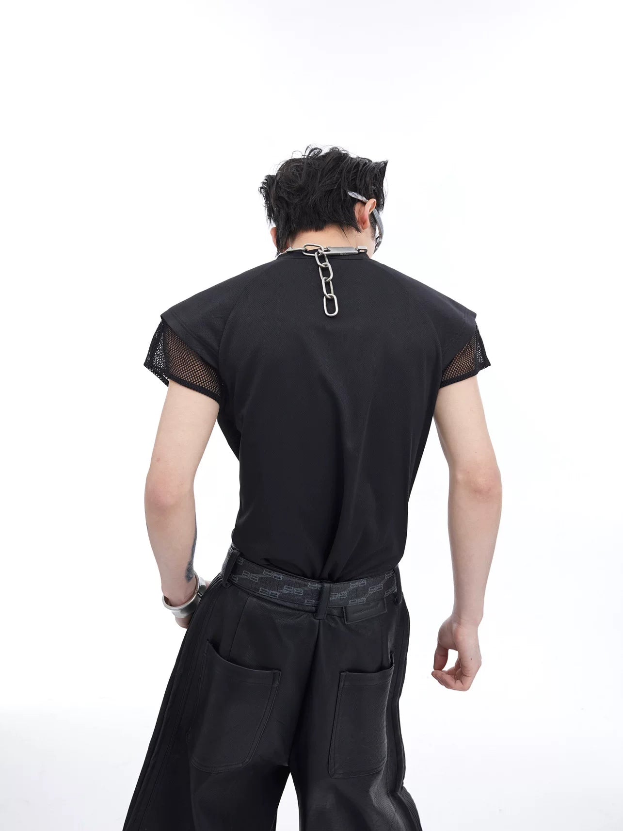 Mesh V-Neck Tank Top with Metal Zip | Streetwear - Black