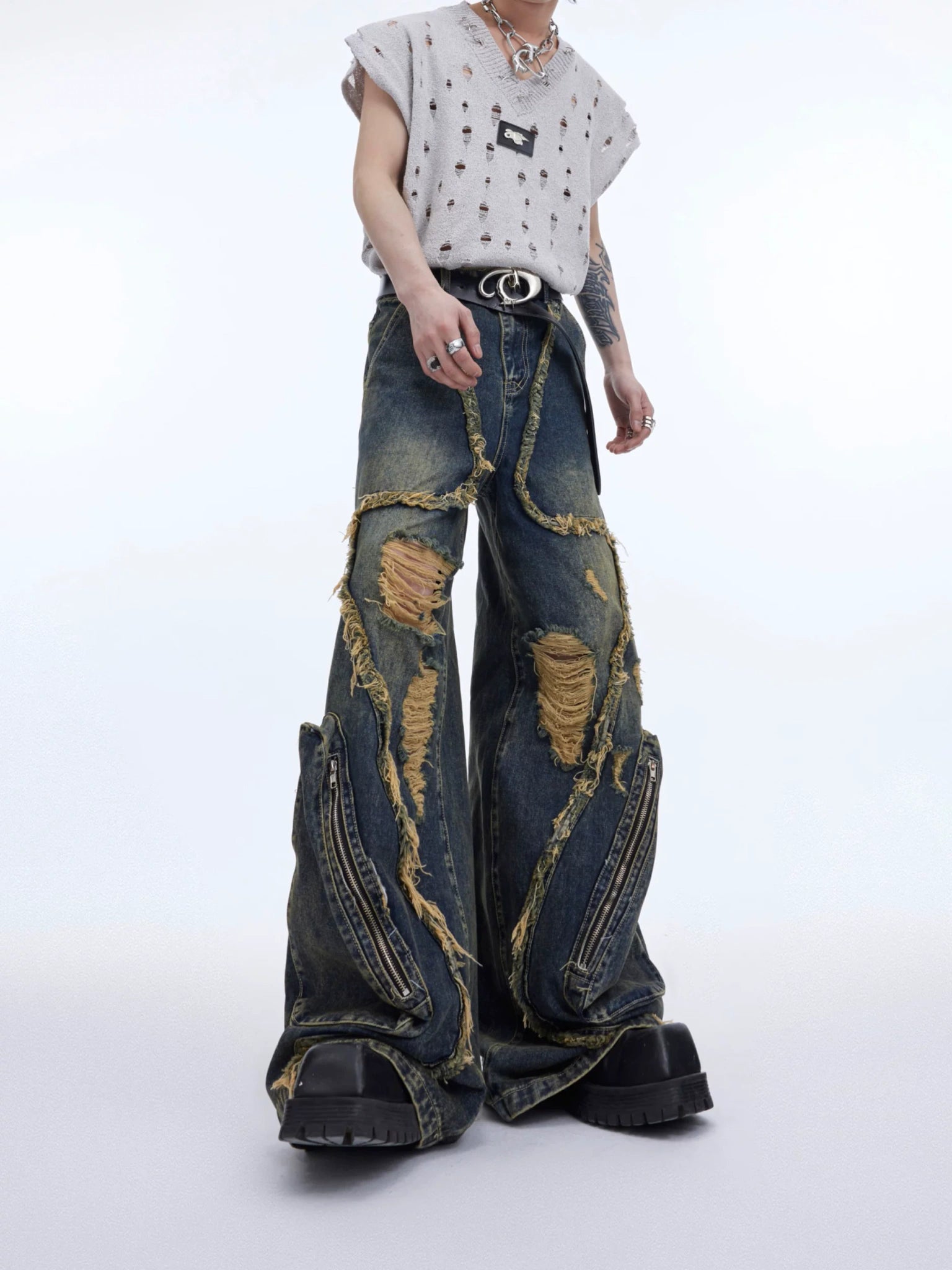 Distressed Fringe Straight-Leg Jeans | Washed Denim - main image 2
