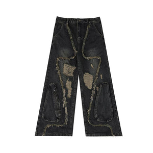 Distressed Fringe Straight-Leg Jeans | Washed Denim - Black