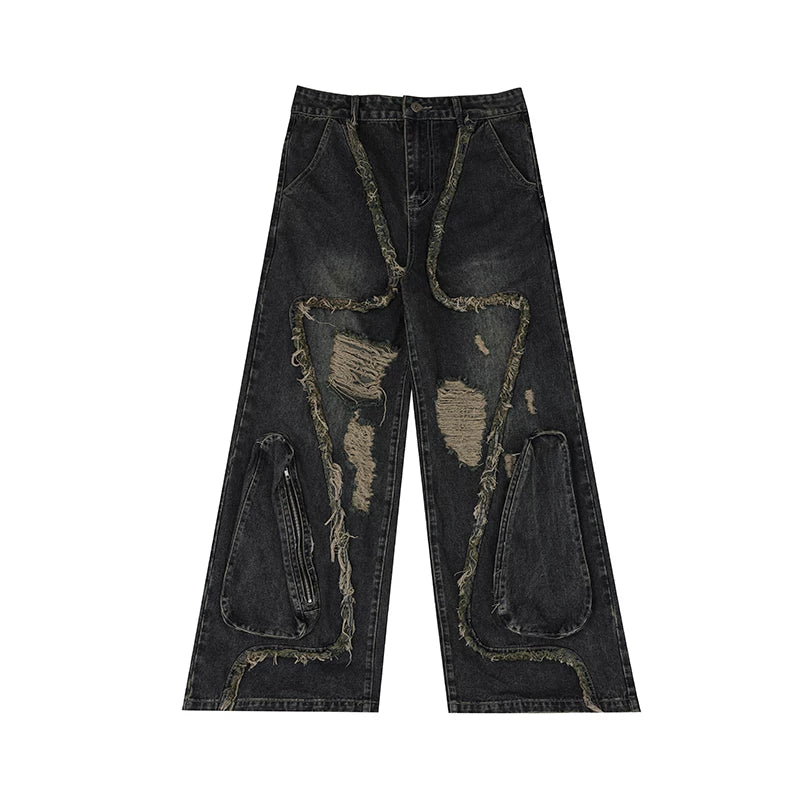 Distressed Fringe Straight-Leg Jeans | Washed Denim - Black