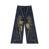 Distressed Fringe Straight-Leg Jeans | Washed Denim - Blue