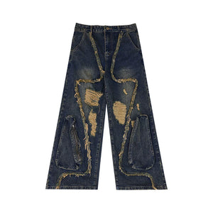 Distressed Fringe Straight-Leg Jeans | Washed Denim - Blue
