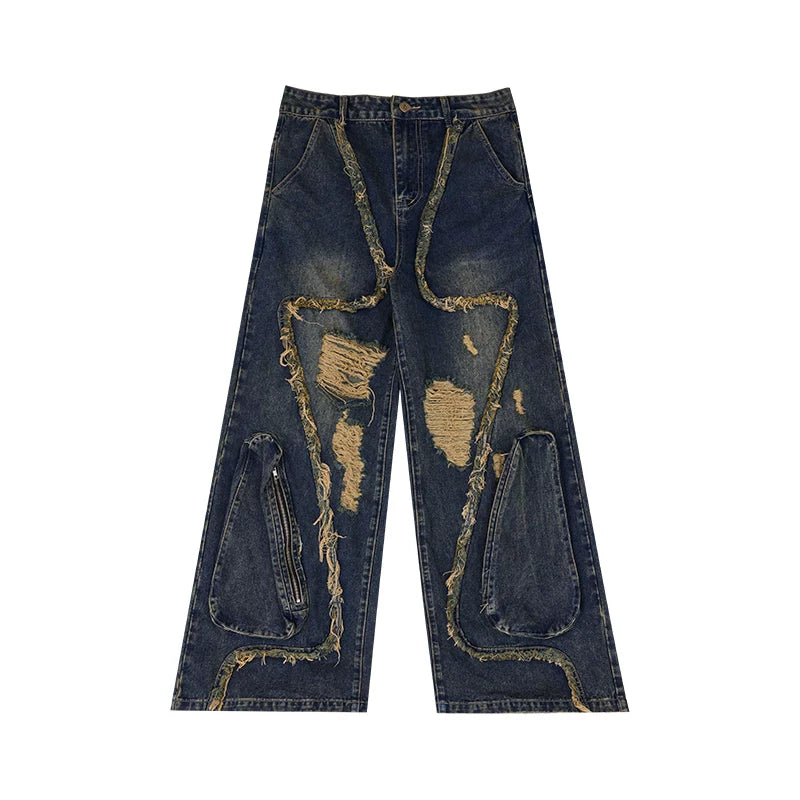 Distressed Fringe Straight-Leg Jeans | Washed Denim - Blue