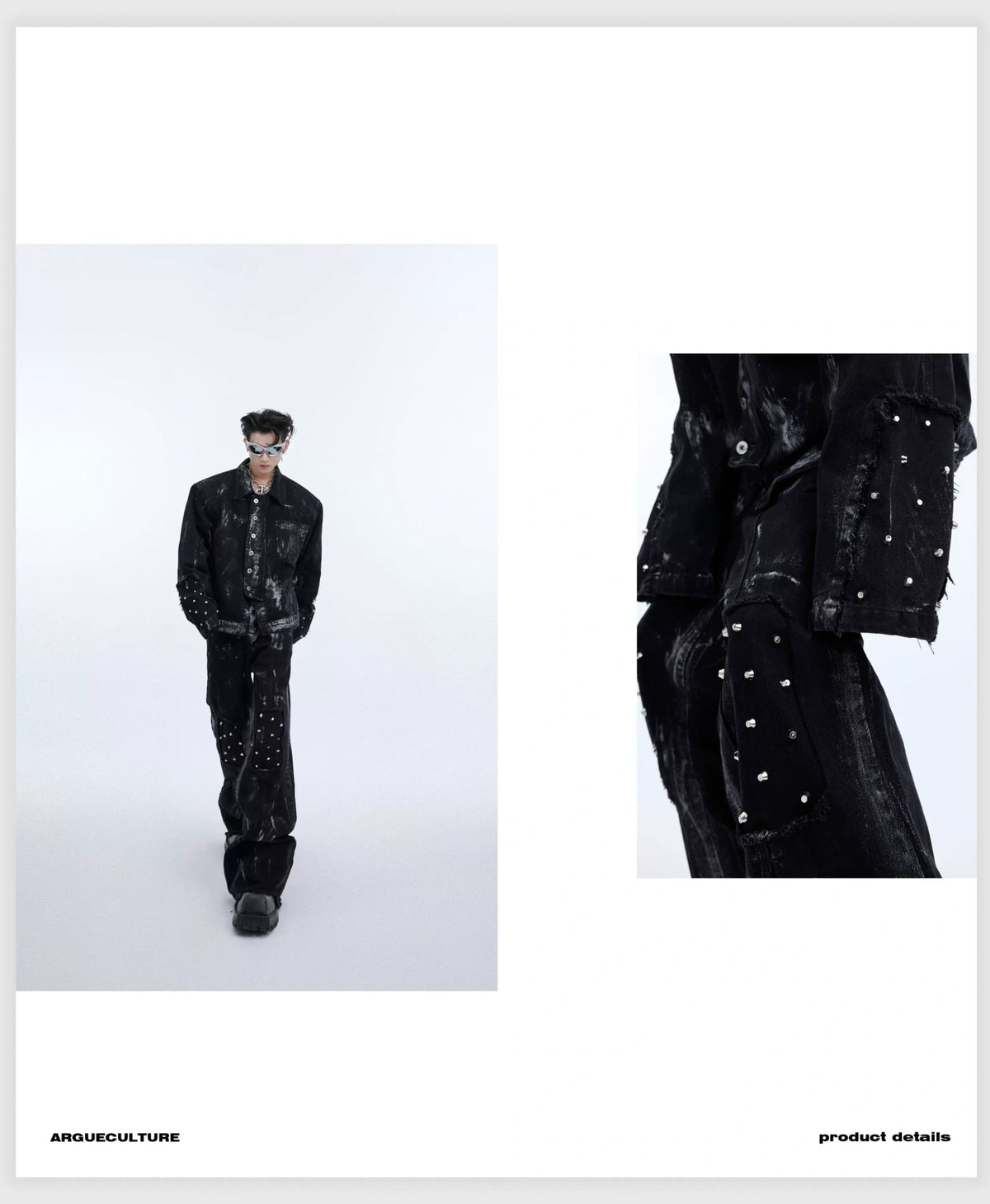 Distressed Painted Denim Jacket with Metal Rivets - description image 3