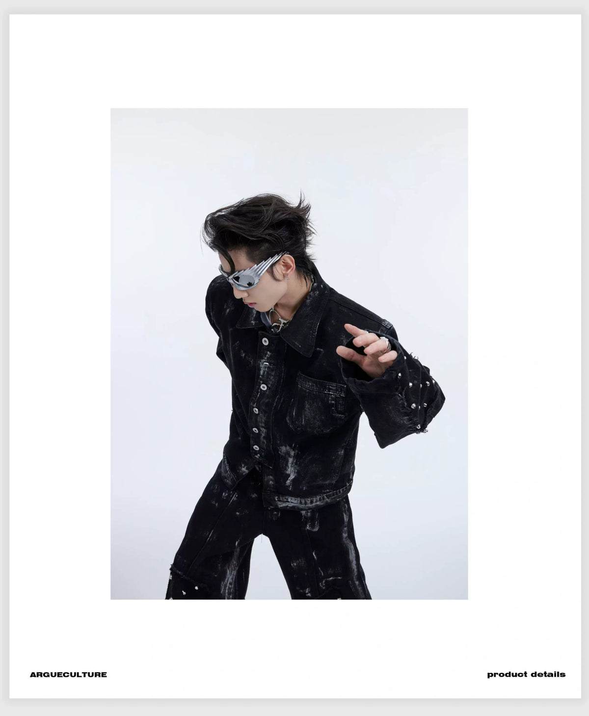 Distressed Painted Denim Jacket with Metal Rivets - description image 4