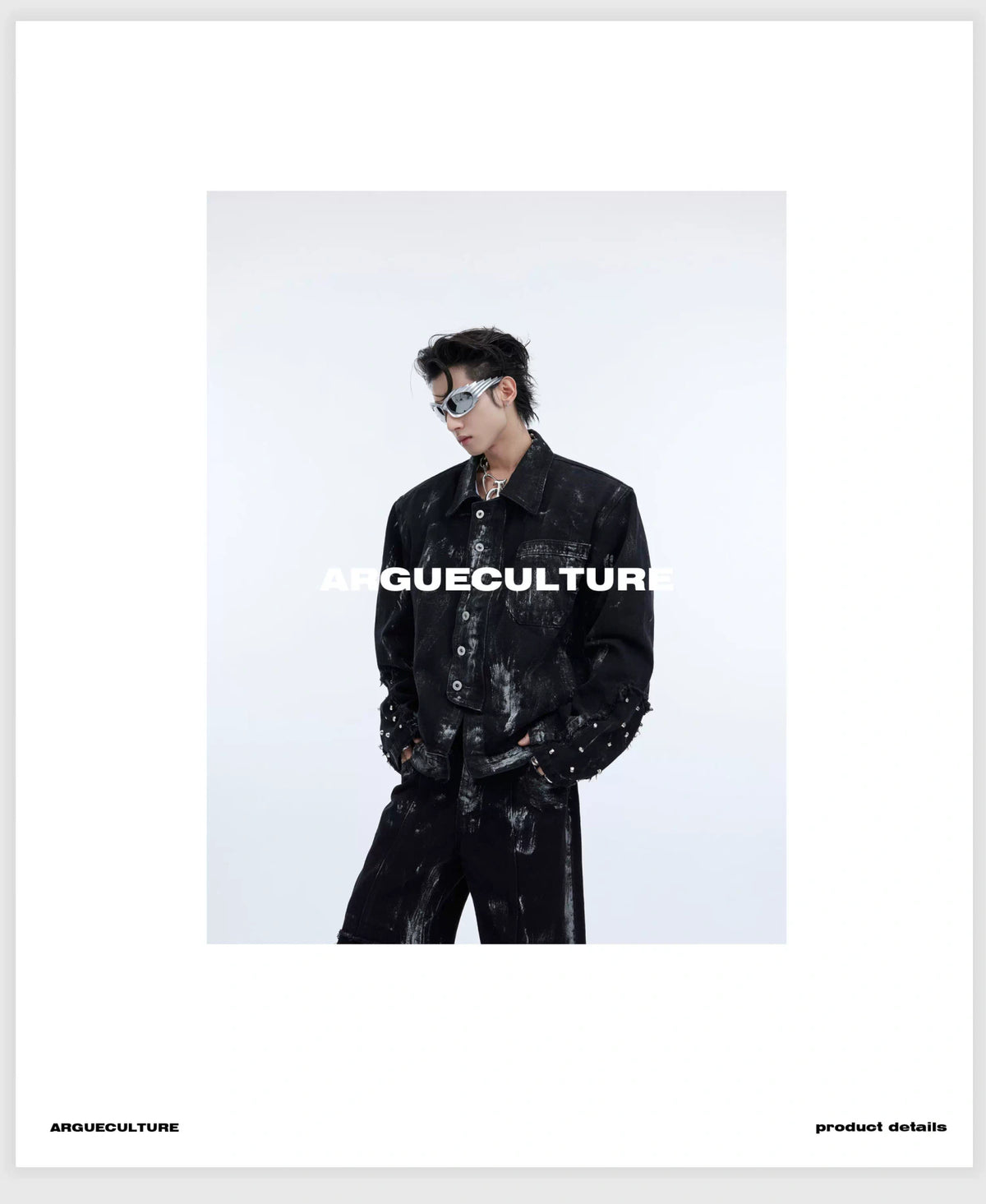 Distressed Painted Denim Jacket with Metal Rivets - description image 6