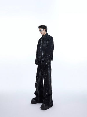 Distressed Painted Denim Jacket with Metal Rivets - main image 2