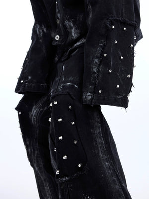Distressed Painted Denim Jacket with Metal Rivets - main image 4