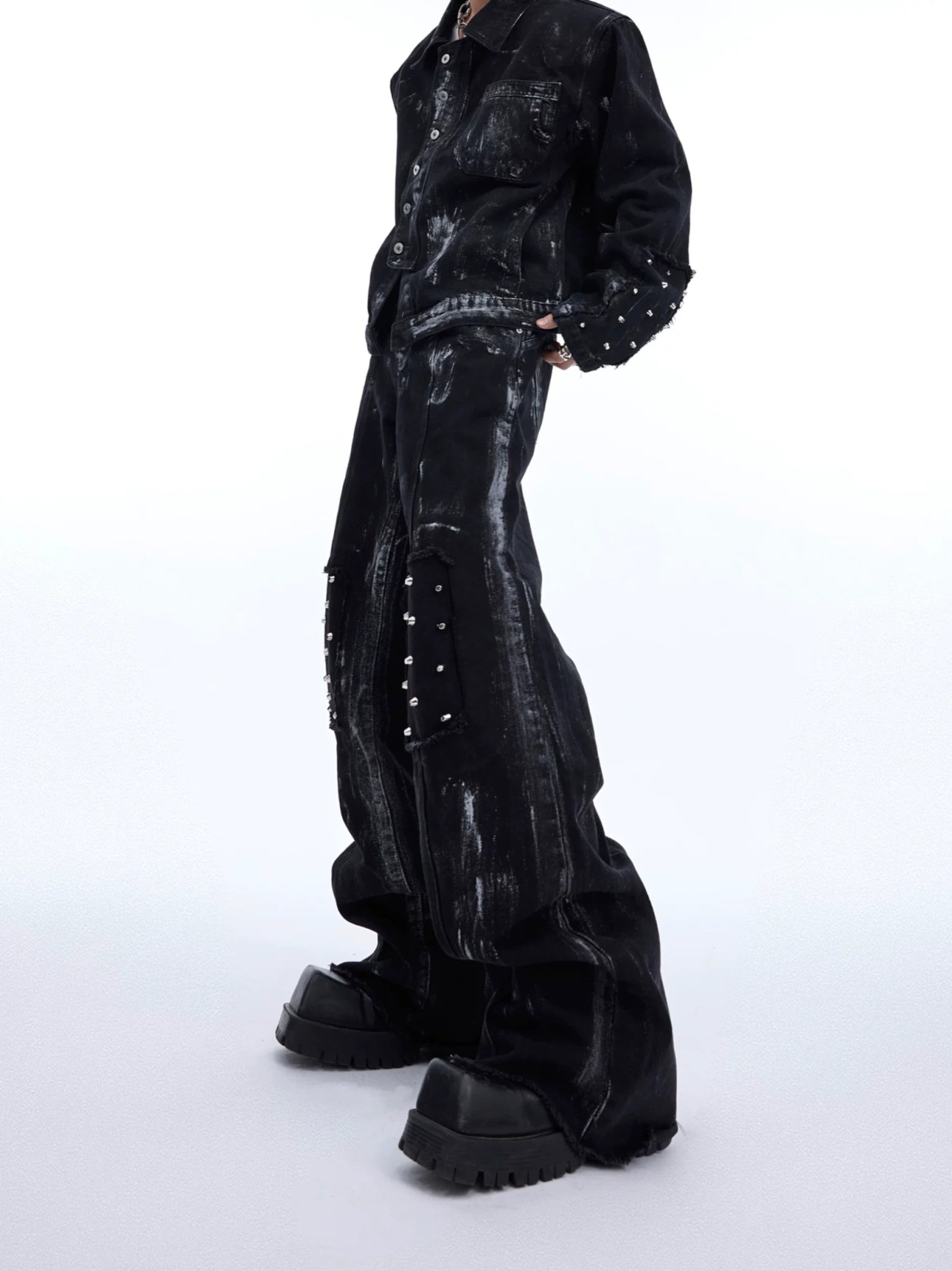 Distressed Painted Denim Jacket with Metal Rivets - main image 5