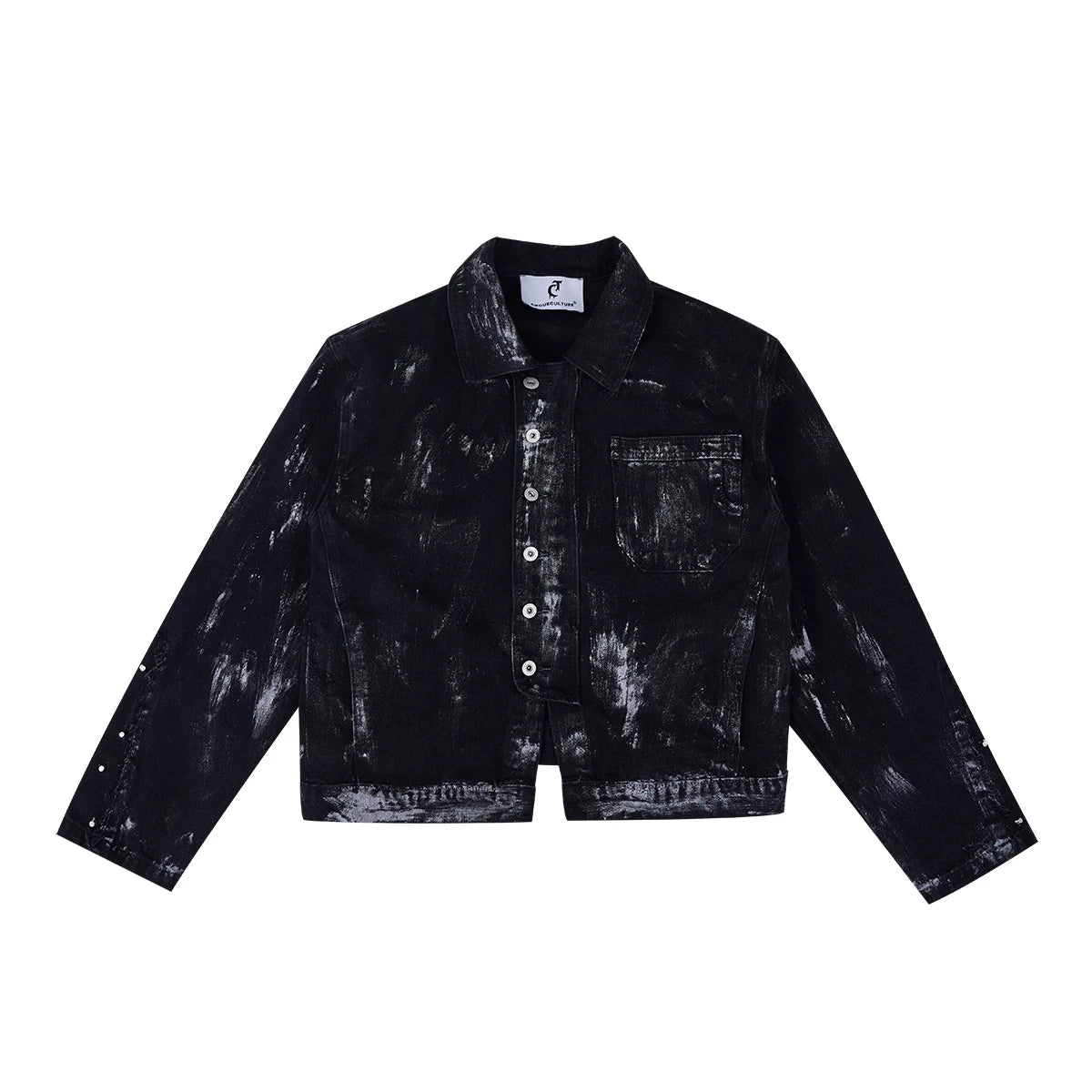 Distressed Painted Denim Jacket with Metal Rivets - Black Jacket