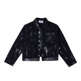 Distressed Painted Denim Jacket with Metal Rivets - Black Jacket