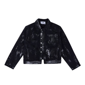 Distressed Painted Denim Jacket with Metal Rivets - Black Jacket
