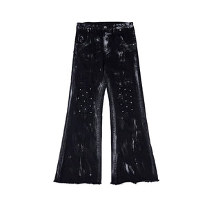 Distressed Painted Denim Jacket with Metal Rivets - Black Pants