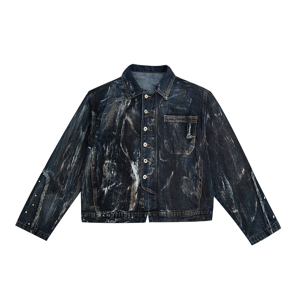Distressed Painted Denim Jacket with Metal Rivets - Blue Jacket