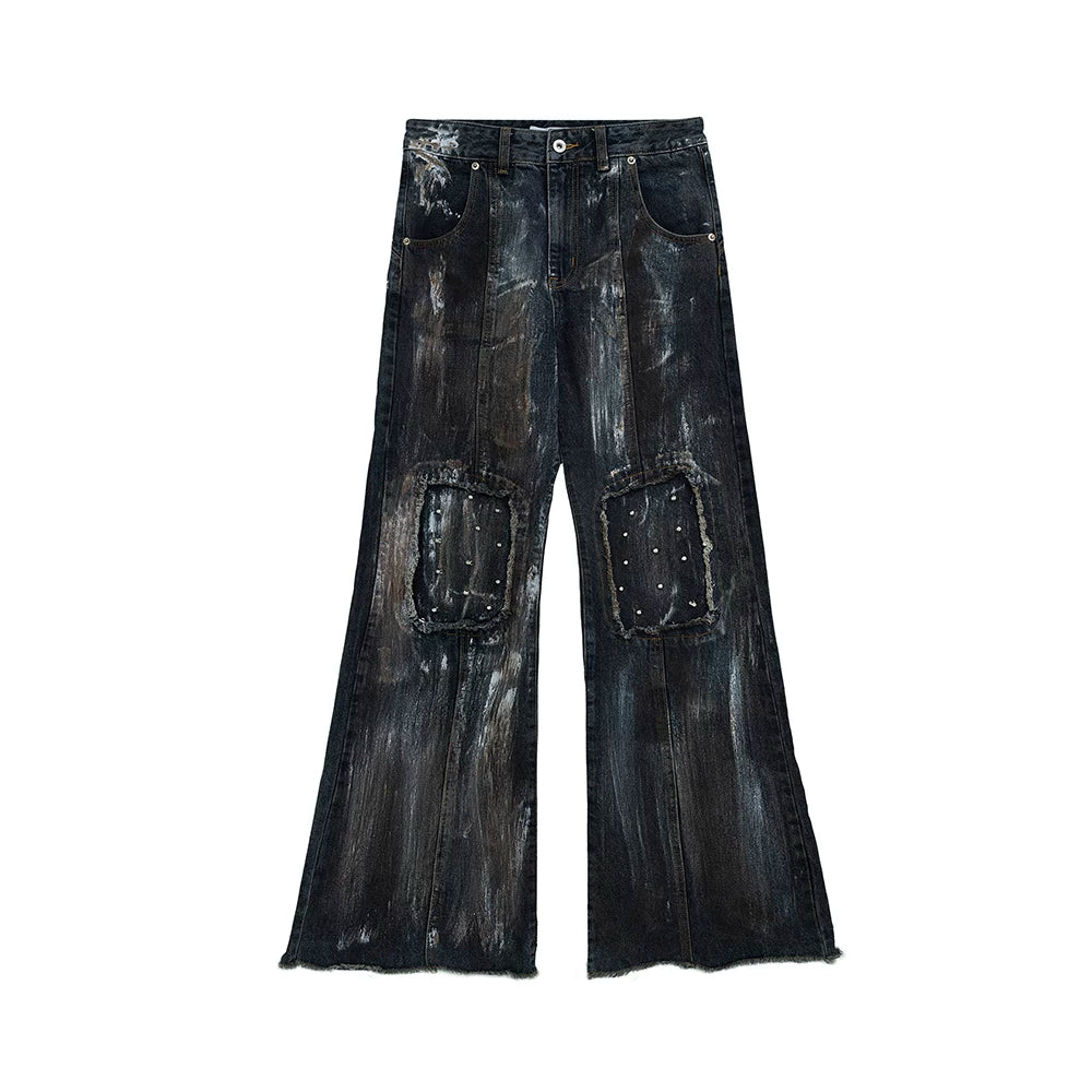 Distressed Painted Denim Jacket with Metal Rivets - Blue Pants