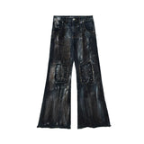 Distressed Painted Denim Jacket with Metal Rivets - Blue Pants