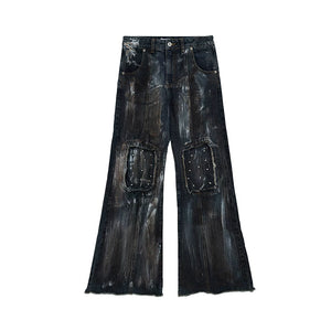 Distressed Painted Denim Jacket with Metal Rivets - Blue Pants